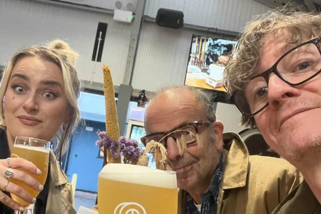 Ed Byrne (right) and support act Amy Matthews enjoy a pre-gig pint of Drover's Hazy Pale Ale at Round Corner Brewing's Tap Room in Melton Mowbray