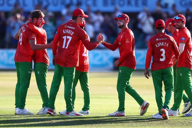 Leicestershire players celebrate victory at the end of the Metro Bank 1 Day Cup match between Leicestershire Foxes and Glamorgan County Cricket Club at the Uptonsteel County Ground, Leicester, United Kingdom on 11 August 2024.