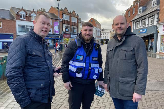 From left, town trader Barrie Roberts, security operative Nick and Melton BID manager James Colclough in Melton Mowbray town centre