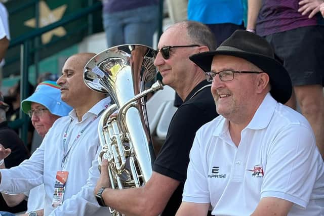 Jonathan Agnew practising his euphonium in the stands at this week's Pakistan v England Test match