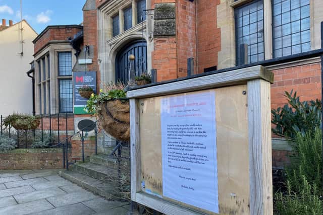 Michaela Kelly's notice outside Melton Carnegie Museum, where she will read some of her short stories