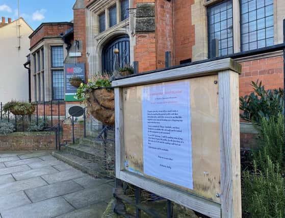 Michaela Kelly's notice outside Melton Carnegie Museum, where she will read some of her short stories