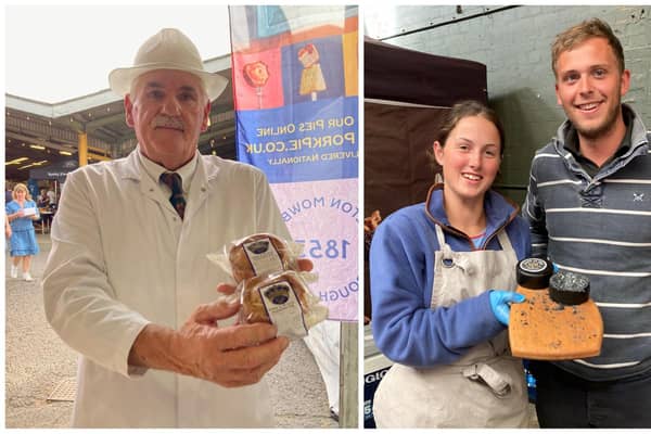 Paul Hartland (left) on the Mrs King's Pork Pies stand and Laura Davies and Jack Kirton on The Mouse House stall, at the East Midlands Food Festival at Melton