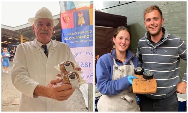 Paul Hartland (left) on the Mrs King's Pork Pies stand and Laura Davies and Jack Kirton on The Mouse House stall, at the East Midlands Food Festival at Melton