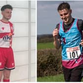 Alfie Morley in his England transplant football team kit (left) and running the half-marathon at Hose