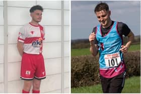 Alfie Morley in his England transplant football team kit (left) and running the half-marathon at Hose