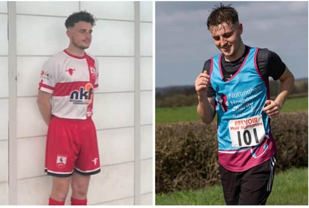 Alfie Morley in his England transplant football team kit (left) and running the half-marathon at Hose