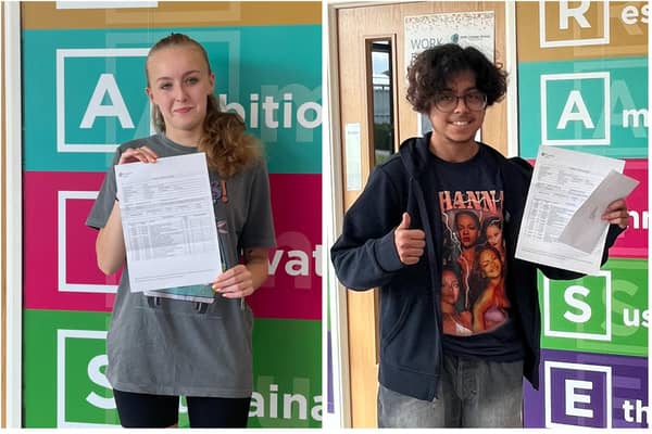 Eva and Ezra with their exam results at SMB College Group's Brooksby campus