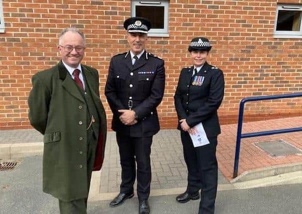 Police and crime commissioner Rupert Matthews with Temporary Leicestershire Chief Constable Rob Nixon and Insp Lindsey Madeley-Harland, NPA Commander for Rutland and Melton, one of 852 female officers in the county force