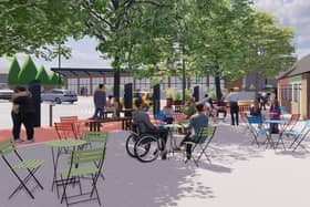 A computer image of a planned outdoor seating area as part of the redevelopment of the Stockyard at Melton