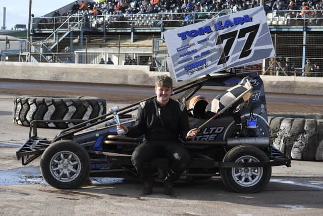 77 Tom Earl following victory in Heat 1 in the F2 Stock Cars at King's Lynn on Saturday Night