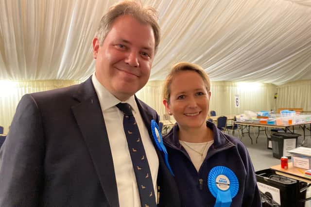 Edward Argar with wife Laetitia after he was elected MP for Melton & Syston this morning