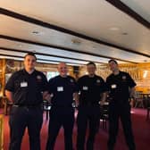 Melton firefighters present at the presentation evening for cash raised from the 2021 Trumpton fundraising tour, from left, FF Marman, CM McCarthy, FF Grant and FF Jennings