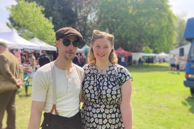 A couple in wartime clothing at the 1940s Melton Mowbray event