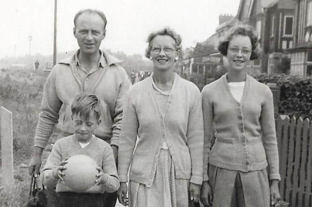 Avis Clayton with her brother Andrew and their parents Harold and Freda Brown pictured in the 1950s - they all watched the 1953 Coronation on the family's homemade TV