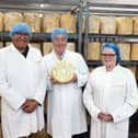 ​From left, Lord Lieutenant of Leicestershire Mike Kapur, Kim Kettle, Master Cheesemaker and Anne-Claire Tisserand of Long Clawson Dairy