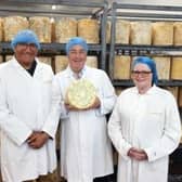 ​From left, Lord Lieutenant of Leicestershire Mike Kapur, Kim Kettle, Master Cheesemaker and Anne-Claire Tisserand of Long Clawson Dairy