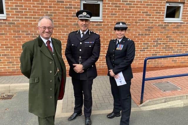 Police and crime commissioner Rupert Matthews in Rutland with Temporary Chief Constable Rob Nixon and Inspector Lindsey Booth, NPA Commander for Rutland and Melton