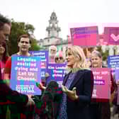 Labour MP Kim Leadbeater speaks to the press during a gathering in favour of the proposal to legalise euthanasia in the UK, called by campaigners from "Dignity in Dying", outside The Palace of Westminster, home to the Houses of Parliament in central London, on October 16, 2024. A new proposal to legalise assisted dying in England and Wales is introduced in the UK parliament on October 16, 2024, sparking concern from senior church leaders and opponents about the implications of allowing the terminally ill to die on their own terms. Lawmakers in the House of Commons will get a free vote on Labour MP Kim Leadbeater's Terminally Ill Adults (End of Life) Bill, allowing them to vote with their conscience rather than along party political lines. (Photo by JUSTIN TALLIS / AFP) (Photo by JUSTIN TALLIS/AFP via Getty Images)