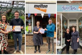 From left, MP Alicia Kearns presents certificates to last year's winners Gates Garden Centre, Melton Sports and Foxy Lots