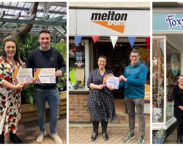 From left, MP Alicia Kearns presents certificates to last year's winners Gates Garden Centre, Melton Sports and Foxy Lots
