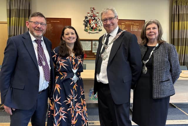 New Mayor of Melton, Councillor Jim Adcock, with Mayoress Kate (right), with new Deputy Mayor, Councillor Helen Cliff and her consort, Steven Cliff