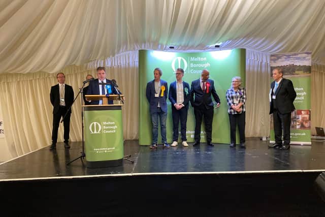 Edward Argar makes a speech shortly before 5am this morning in the banqueting suite in Melton Livestock Market after being elected MP for Melton & Syston