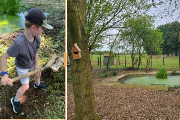 An Ab Kettleby Primary School pupil helps with the project and (right) the finished new nature site