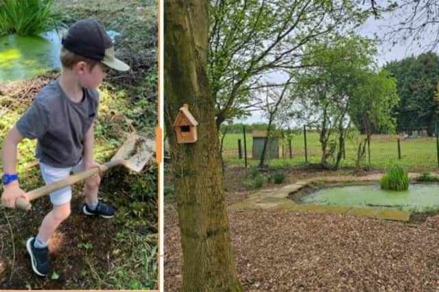 An Ab Kettleby Primary School pupil helps with the project and (right) the finished new nature site