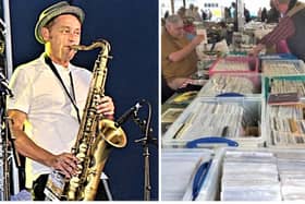 Talented saxophonist Drew Stanstall (left) who will be busking at the latest Melton record fair (right)