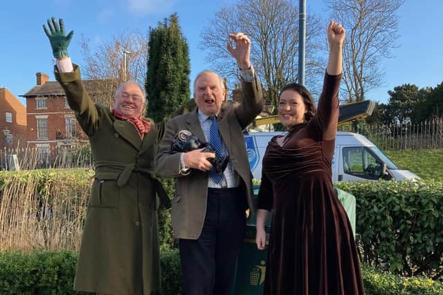 From left, Leicestershire Crime Commissioner Rupert Matthews, Melton borough councillor Malise Graham and Melton MP Alicia Kearns celebrate the installation of the town's new CCTV cameras