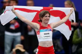 Sophie Hahn of Team England celebrates victory in the Women's 100 Metres T38 Final in Glasgow (Photo by Dean Mouhtaropoulos/Getty Images)