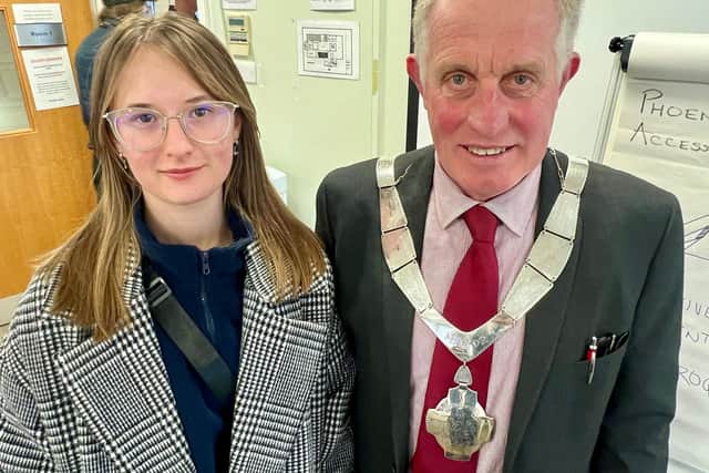 Mayor of Melton, Councillor Alan Hewson with one of Access All Areas' clients from Ukraine, Viktoriia Fesenko