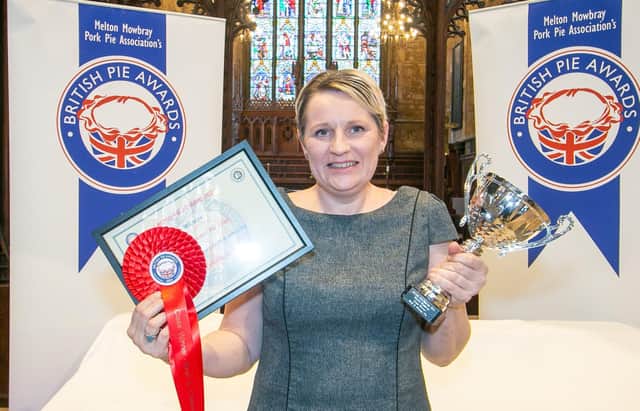 Christine Orton, landlady at The Crown at Asfordby, pictured after winning the Beef and Cheese category at the British Pie Awards at Melton