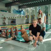 Olympic legend Duncan Goodhew promotes this year's Swimathon, from left, Paralympian Grace Harvey, Team GB’s Joe Litchfield, Paralympian Jordan Catchpole and Team GB’s
Jacob Peters and Sarah Vasey
PHOTO Swimathon.