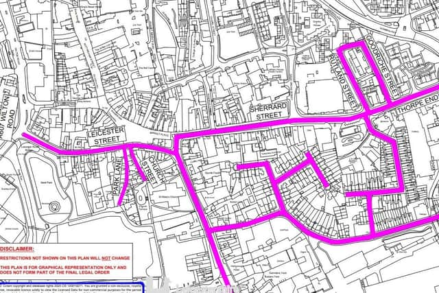 Proposed new weight restrictions on roads in Melton Mowbray town centre (marked in pink)