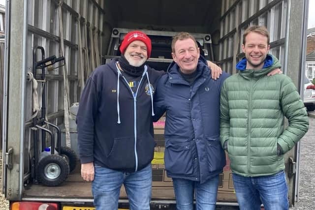 Iain Terpening (centre) with colleagues on the charity convoy to Ukraine