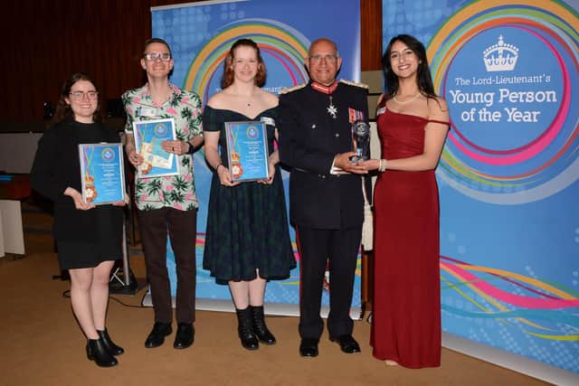 Lord-Lieutenant of Leicestershire, Mike Kapur with winners of his 2025 Young Person of the Year Awards
