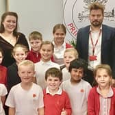 Alicia Kearns MP with headteacher Nick Sale on the day Great Dalby Primary School held its own elections