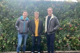 New investor, Lee Cash (centre), with new business partners Harry Gurney (left) and Stuart Broad, of The Cat & Wickets Pub Company Ltd