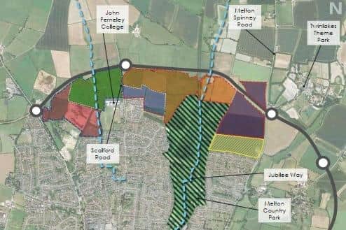 Housing development sites in the Melton North Sustainable Neighbourhood masterplan, bounded by the route of the under-construction NEMMDR to the north