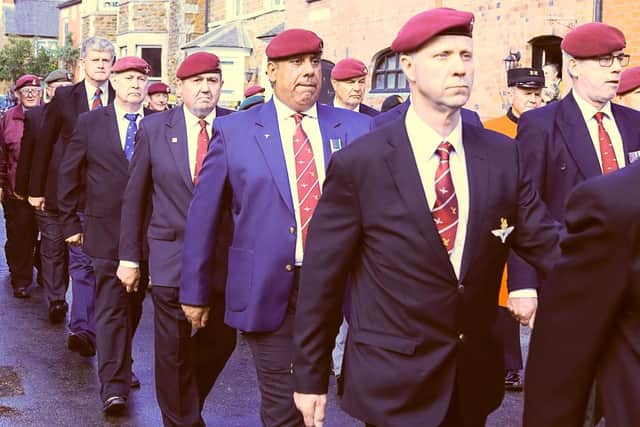 Veteran Paratoopers marching to All Saints' church, Somerby, at the weekend IMAGE Melanie Davies
