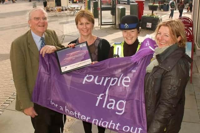 Shelagh Core and colleagues pictured celebrating the award of Purple Flag status to Melton