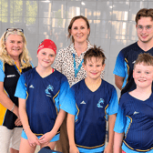 From the left, with one of the new starting block covers at Melton's Waterfield Leisure Centre, Tracy McGhie (head coach), Cordy R, Becky Fox (Spire Leicester Hospital), Freddie W,  Luke Millett (deputy head coach) and Conrad R