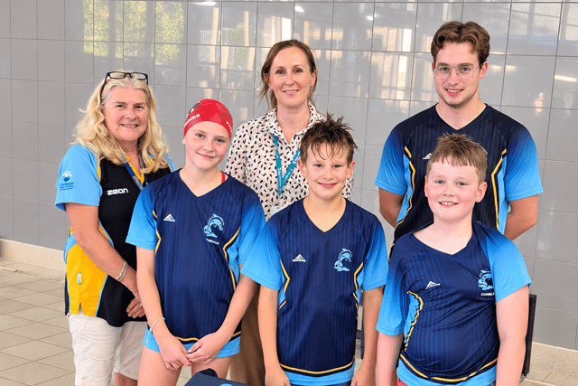 From the left, with one of the new starting block covers at Melton's Waterfield Leisure Centre, Tracy McGhie (head coach), Cordy R, Becky Fox (Spire Leicester Hospital), Freddie W,  Luke Millett (deputy head coach) and Conrad R