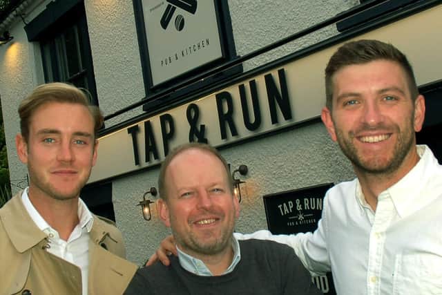 From left, Stuart Broad, Dan Cramp and Harry Gurney pictured in February 2019 as they opened the Tap and Run at Upper Broughton