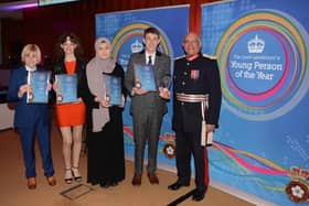 Lord Lieutenant of Leicestershire, Mike Kapur, with winners of last year's young person awards, from left, Clem Beardmore, Jessica Mawby, Sofia Omar and Joshua Bailey