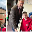 Chris Broad officially opens Waltham School's new hall, watched by Julie Hopkins and pupils, and Chris signs autographs for the children (right)