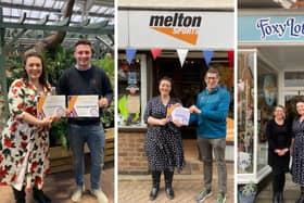 From left, MP Alicia Kearns presents certificates to overall winner, Gates Garden Centre, plus Melton Sports and Foxy Lots