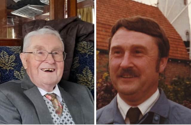 A recent photo of George Basey (left), who passed away in late December, and a picture of George when he ran the Spar in Valley Road